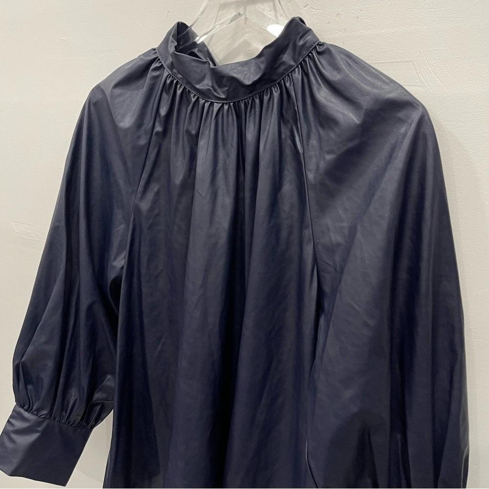 Rachel Comey x Target Navy Blue Faux Leather Blouse Button Back Tie Neck Large - Picture 4 of 13